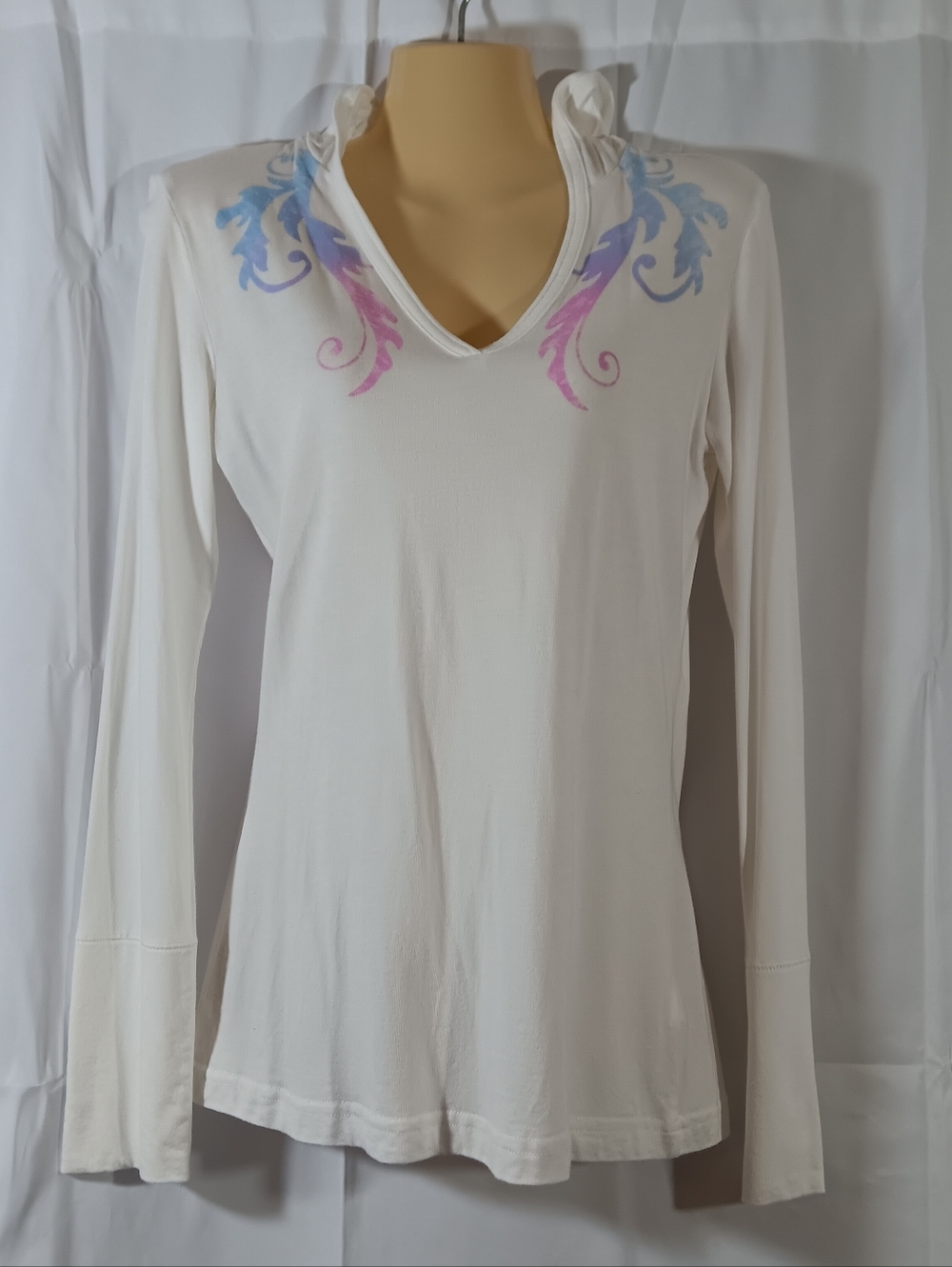 Green Apple Womens Medium Knit Hoodie White V-Neck Shirt Bamboo Ombre Swirl